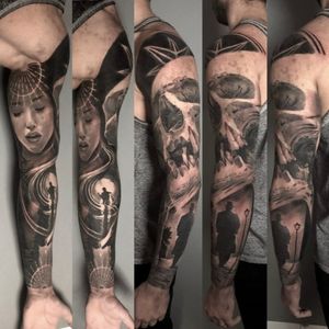 Calf portrait tattoo in black and grey realism by Alo Loco, London