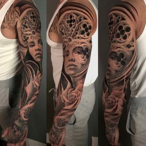 Gothic windows, woman portrait and roses full sleeve tattoo in black and grey realism, London, UK | #blackandgrey #realistic #fullsleeve #tattoo #roses