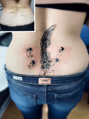 Tattoo#coverup #backtattoo #blackandgrey #feather #woman #tattooedgirls #inkedmag #bird #tattoartist #Nenad#Tattoodo 