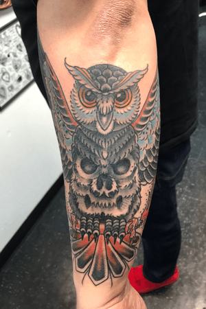 Owl of Death ... Appointments available .... #owltattoo #traditonaltattoo #colortattoo #birdsofprey #death 