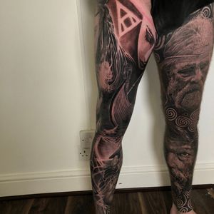 Norse female portraits full leg tattoo in black and grey realism, London, UK | #blackandgreytattoos #realistictattoos #fulllegtattoos #portraittattoos 
