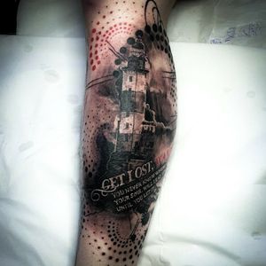 Lighthouse trash polka tattoo done in one session. Our artist @inkpanzee is trash polka tattoo artist that also specialises in other styles like realism tattoo, portrait tattoos, blackwork tattoos and sketch tattoos. He can do other styles drop us a message to discuss your next tattoo. We have a nice private studio in Darwen Lancashire with free parking and a train station only 5 minute walk. 