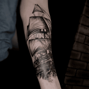 Black and grey galleon ship tattoo 