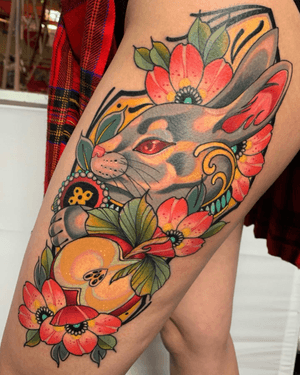 Rabbit tattoo by Kmilopride #Kmilopride #rabbit #bunny #apple #flower #neotraditional #color #nature #animal