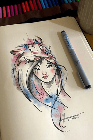 Desenho Mulan. Desenho feito a lápis no estilo aquarelado..