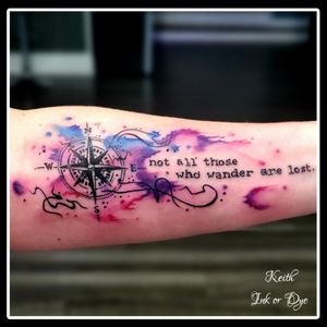 "Not all those who wander are lost." Water color, compass rose.