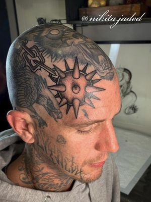 The Devil You Know
.
.
.
#killer morning star #headtattoo by Nikita Jade Morgan on our very own @daniellotz101 - super fun piece, and let us mention this was the first ever head/face tattoo that she's done. NAILED IT!
.
.
.
WALK INS WELCOME!
Call - 021/422/2963
Email - info@kakluckytattoos.com
.
.
.
@flashheal
@electrumstencilproducts
@creamtattoosupplyza
@lighthousesupply
@tattooinc.co.za
@blackclaw
@ecotatpro  
.
.
.
#headtattoo #facetattoo #morningstar #morningstartattoo #mindweapon #traditionaltattoo #chaintattoo #dotworktattoo #headbanger #foreheadtattoo #sahardcoretattoos #spikyboi #facetattoos #facetats #capetowntattoos #420