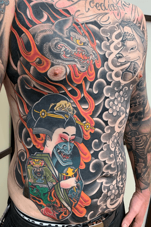 Tattoo uploaded by Jarrad Chivers • Torso piece half colour half black and  grey #geisha #geishatattoo #hannya #hannyamask #chrysanthemum #backpiece  #japanese #japanesetattoo #irezumi • Tattoodo