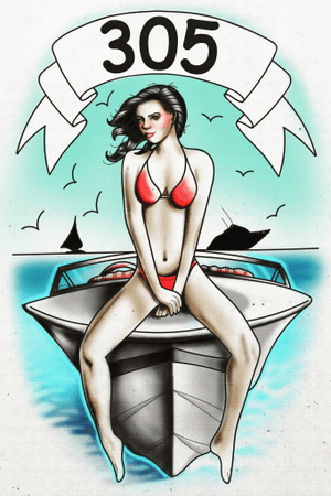 #pinup #traditional #fresh #tattoo #design #color #305 #boat #beach #landscape #miami #kendall