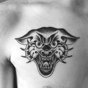 Traditional Panther - Chest #traditional #traditionaltattoo #oldschool #traditionalpanther #panther #blackandgrey #chesttattoo 