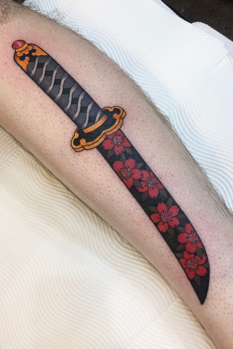 Tattoo uploaded by Jarrad Chivers • Cherry blossom katana, lower leg, 2 ...