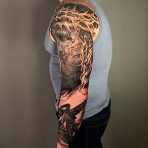 Jesus Christ Passion full sleeve tattoo in black and grey realism, London, UK | #blackandgreytattoos #fullsleevetattoos #realistictattoos #christtattoos #londontattooartist