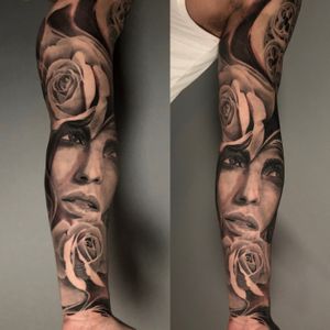 Woman portrait surrounded by roses full sleeve tattoo in black and grey realism, London, UK | #bestrealistictattoos #bestblackandgreytattoos #fullsleevetattoos #portraittattoos #rosestattoos
