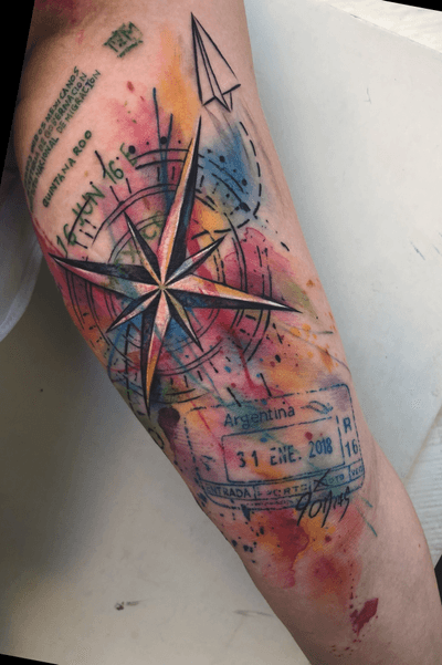 Watercolor traveler’s tattoo. Booking NYC March x LA April.