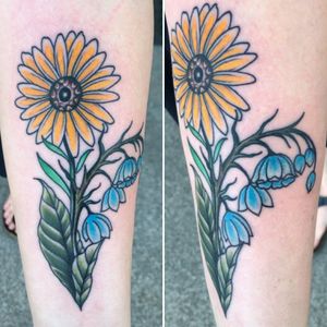 My 1st tattoo. Done on my 26th birthday while visiting my grandmother in Spokane, WA. The daisy is my grandmother's birth flower while the lily of the valley is mine. Done by @camwesttattos @livingskintattoo