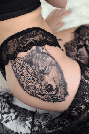 Half wolf half mandala thigh tattoo by @vyxiwoo_tattooer ••• #singapore #singaporetattoos #vyxiwoo #vyxiwootattooer #wolf #wolftattoo #mandala #mandalatattoo #thightattoo #wolfthightattoo #flowers #flowertattoos #finelinetattoos #tattoos #animaltattoos #floraltattoos