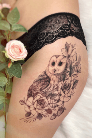 Owl & roses tattoo by @vyxiwoo_tattooer Instagram: @vyxiwoo_tattooer ••• #singapore #singaporetattoos #vyxiwoo #vyxiwootattooer #owl #owltattoo #thightattoo #flowers #flowertattoos #roses #rosestattoo #finelinetattoos #tattoos #animaltattoos #floraltattoos