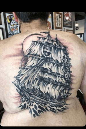 My First Tattoo, Tribute to my ancestor Sir Francis Drake. #pirate #ship #pirateship #ink #blackandgrey #firsttattoo #flag #back 