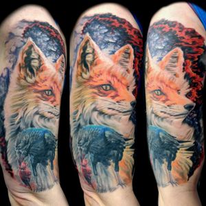 Fox and crow with fractal sky and space background.