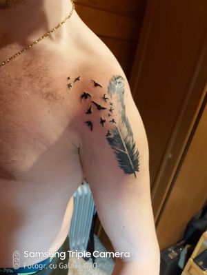 Klaus Michaelson' tattoo...sort of..#feathertattoo #birdtattoo #shouldertattoo #blackandgreytattoo Done with #hummingbirdrotary #eliteneedles#dynamicink 