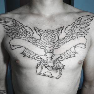 Owl tattoo on the chest, done in 1 session, to be continued