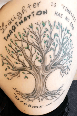 Had this done in 2018, This is the tree of life tattoo also has the Disney writing on it that took two hours to complete, it’s on my left thigh 
