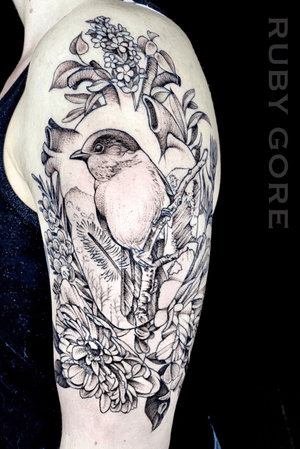 Gray Jay perched in a heart and surrounded by local flora. #heart #bird #dotwork #etching #illustrative #linework #fineline #delicate #flower #floral #animal #nature #botanical #surrealism #trashpolka #realistic #blackwork #blackandgray #girlytattoo #idea #design #drawing #sketch