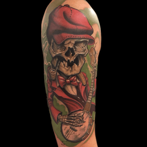 Skeleton with Banjo tattoo by Nick Mitchell