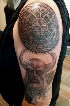 Viking sleeve in progress. coverup for old tattoos