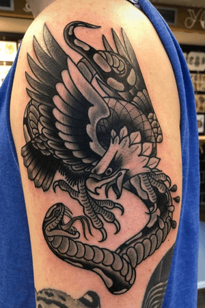 Traditional eagle and snake by Dusty Neal at Black Anvil. #eagle #snake #traditional #eagleandsnake 