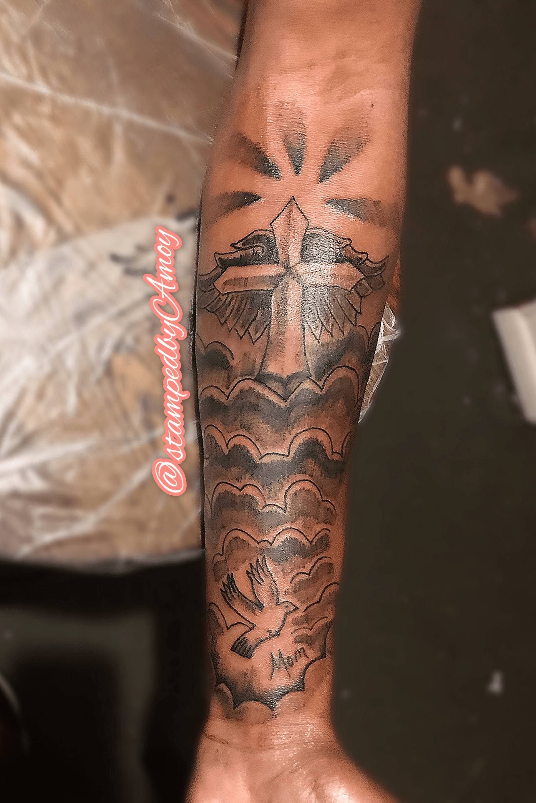 Tattoo uploaded by Amoy Amonte • Clouds, cross, dove. Mother dedication piece from son. Lower arm, half sleeve • Tattoodo