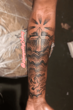 Tattoo uploaded by Amoy Amonte • Clouds, cross, dove. Mother dedication  piece from son. Lower arm, half sleeve • Tattoodo