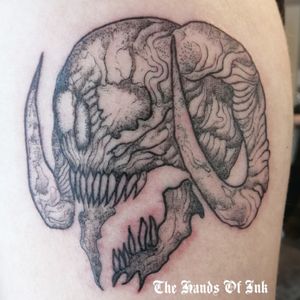 Devil Horned Skull. Completed at Darkletter Tattoo Private Studio located in Olympia Washington.#blackandgreytattoo #neotraditionaltattoo #linework #stippling #olympiatattoo #tacomatattoo 