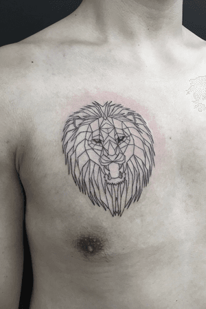 Geometric Lion with a Pearl #lion #linework #geometric #geometrictattoo #chesttattoo #lines #Black 