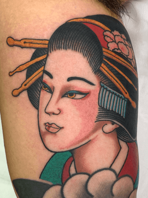 Geisha head inner bicep about 2.5 hours #geisha #girlhead #traditional #japanese #japanesetattoo #irezumi #jarradchivers