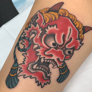 Oni mask tattoo, on the back of the arm, 2 hours #oni #onimask #onitattoo #japanesedemon #demon #mask #masktattoo #japanesemask #japanese #japanesetattoo #irezumi #jarradchivers