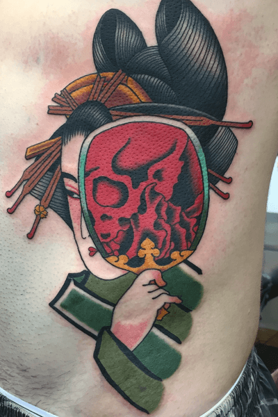 Geisha on the stomache about 4.5 hours #geisha #Skeleton #geishatattoo #japanese #japanesetattoo #irezumi #jarradchivers