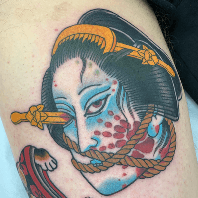Namakubi back of thigh 2.5 hours #geisha #namakubi #severedhead #japanese #japanesetattoo #irezumi #jarradchivers
