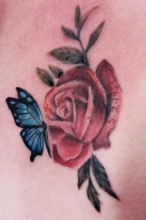 I got this tattoo in honour of my grandma who just passed away, her last name was Rose. The night she died, before I knew she had, I had a dream where she told me that blue butterflies are her favourite animal 💙