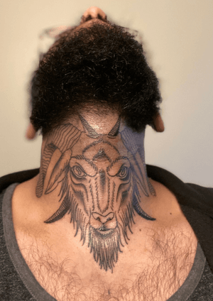 Neo-traditional goat head on my neck and throat done by Alex Avalos at Wolf street tattoo #neotraditional #traditional #necktattoo #throattattoo #goathead #goat #animal