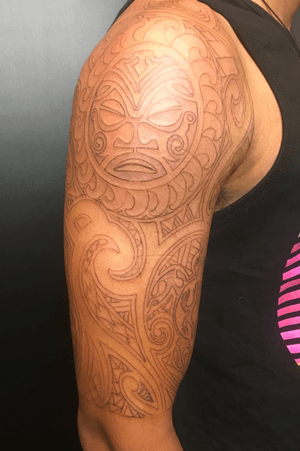 Right Upper Arm Tribal Half Sleeve. Tiki Face template found online and the rest was freehand.