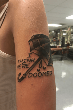 Black and grey umbrella with script - My first (professional) tattoo
