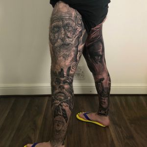 Celtic ancestors black and grey realistic full legs tattoos, London, UK | #portraittattoo #blackandgreytattoos #realistictattoos #fulllegtattoos #londontattooartist