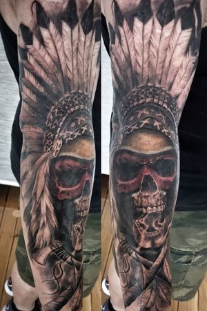 Experience the exquisite realism of a native skull in black and gray by Mauro Imperatori on your sleeve.