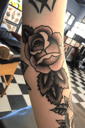 Black and grey American traditional rose done in the ditch!