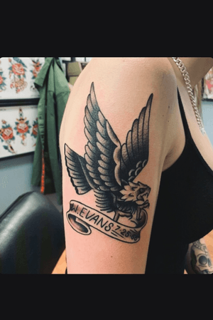Black and grey American traditional Eagle on right arm, father commemoration 
