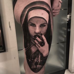 Sexy nun leg tattoo in black and grey realism, London, UK | #bestrealistictattoos #blackandgreytattoos #portraittattoos #nuntattoo #legtattoo