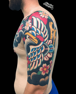 Japanese crane tattoo by Jeanzito Hernandez #JeanzitoHernandez #japanese #irezumi #crrane #cherryblossom #flower #halfsleeve 