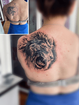 Tattoo#backtattoo #coverup #liontattoo #blackandgrey #women #tattoomagazine #inkedmag #Tattoodo #fusionink #tattooartist #Nenad