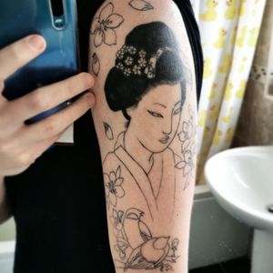Geisha / birds /cherry blossoms.My 10th tattoo, session three by Julie Manson. 17th March 2020
